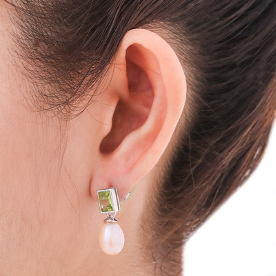 Pearl and peridot drop earrings, 'Attraction' - Pearl and Peridot Drop Earrings