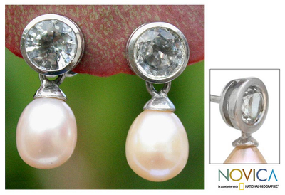 Aretes colgantes de perla y topacio blanco - Aretes colgantes de perla y topacio blanco