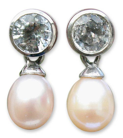 Pearl and white topaz drop earrings, 'Halo Light' - Pearl and White Topaz Drop Earrings