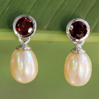 Cultured pearl and garnet drop earrings, 'Halo Light' - Hand Crafted Garnet and Cultured Pearl Earrings