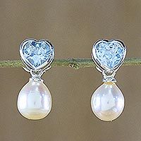 Pearl and topaz heart earrings, 'Blue Hearts' - Pearl and topaz heart earrings