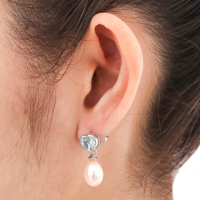 Pearl and topaz heart earrings, 'Blue Hearts' - Pearl and topaz heart earrings