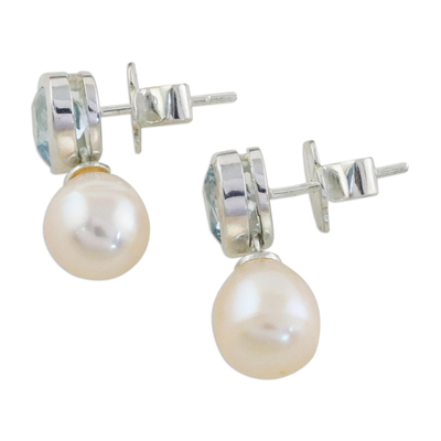 Pearl and topaz heart earrings, 'Blue Hearts' - Pearl and topaz heart earrings