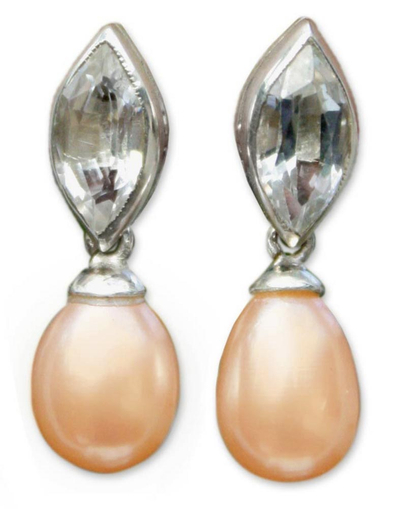 Pearl and topaz dangle earrings, 'Marquise' - Pearl and Blue Topaz Dangle Earrings