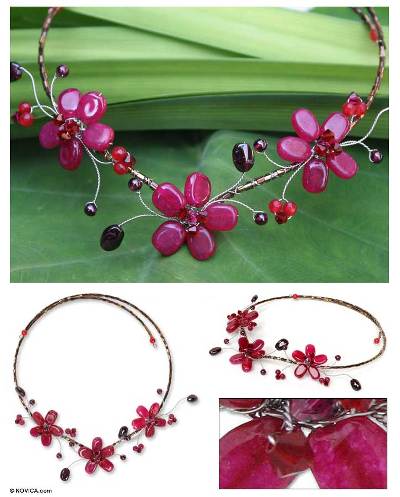 Beaded choker, 'Strawberry Triplets' - Beaded choker