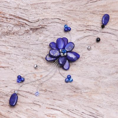 Lapis lazuli brooch pin, 'Blue Bouquet' - Handmade Floral Lapis Lazuli Brooch Pin