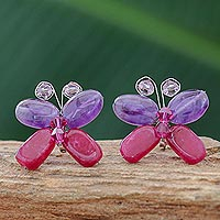 Amethyst button earrings, Exotic Butterfly