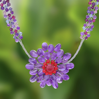 Amethyst flower necklace, 'Purple Chrysanthemum' - Handmade Amethyst Blossom Necklace