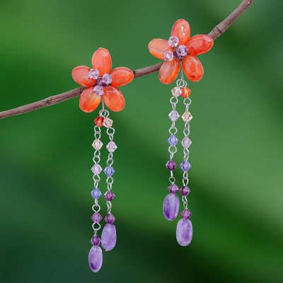 Carnelian and amethyst floral earrings, 'Sweet Eternal' - Handmade Floral Beaded Carnelian Earrings