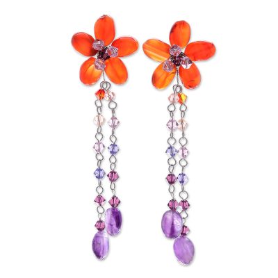 Carnelian and amethyst floral earrings, 'Sweet Eternal' - Handmade Floral Beaded Carnelian Earrings