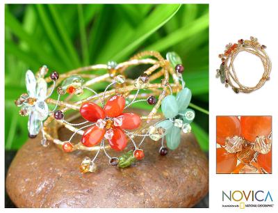 Carnelian and garnet wrap bracelet, 'Forest Garland' - Unique Multigem Floral Wristband Bracelet