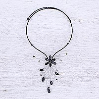 Smoky quartz Y necklace, 'Daisy Nights' - Handmade Beaded Smoky Quartz Necklace
