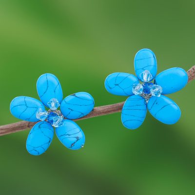 Turquoise button earrings, 'Cool Blue Flower' - Unique Floral Button Earrings
