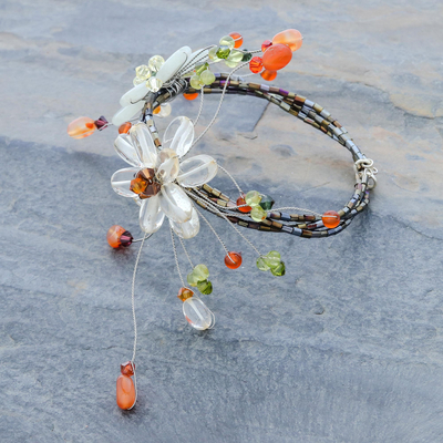 Carnelian and citrine wrap bracelet, 'Blossoming Web' - Carnelian and Citrine Beaded Flower Bracelet