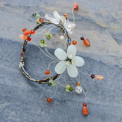 Carnelian and citrine wrap bracelet, 'Blossoming Web' - Carnelian and Citrine Beaded Flower Bracelet