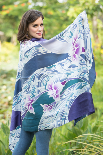 Silk batik shawl, 'Blue Lotus Lake' - Silk Batik Shawl from Thailand
