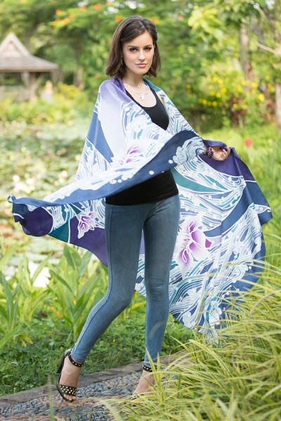 Silk batik shawl, 'Blue Lotus Lake' - Silk Batik Shawl from Thailand