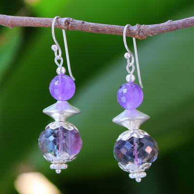 Amethyst and fluorite dangle earrings, 'Twilight Romance' - Hand Made Silver and Fluorite Dangle Earrings
