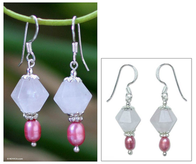 Pendientes colgantes de perlas y cuarzo rosa - Pendientes colgantes de cuarzo rosa y perla