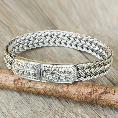 Sterling silver wristband bracelet, 'Mayom Tree' - Handcrafted Sterling Silver Wristband Bracelet