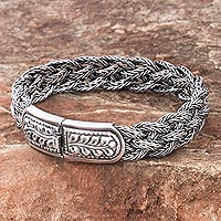 Sterling silver braided bracelet, 'Garden Path' - Fair Trade Sterling Silver Wristband Bracelet