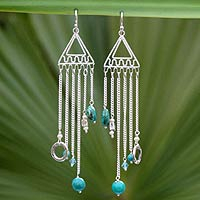 Cultured pearl and chrysocolla chandelier earrings, 'Trapeze' - Pearl and chrysocolla chandelier earrings