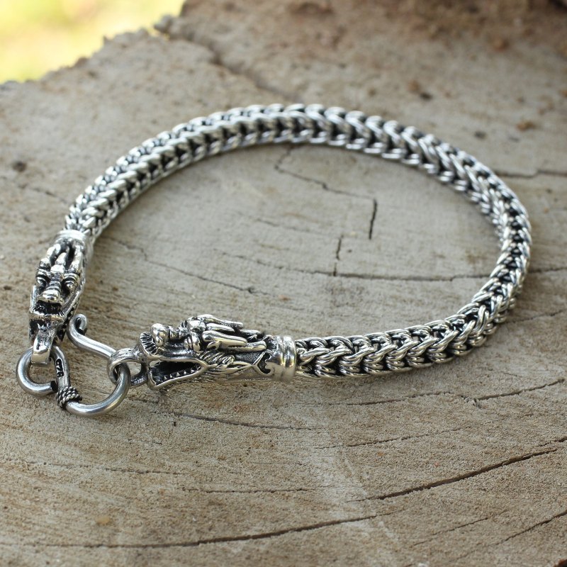 Fair Trade Sterling Silver Chain Bracelet - Dragon Art | NOVICA