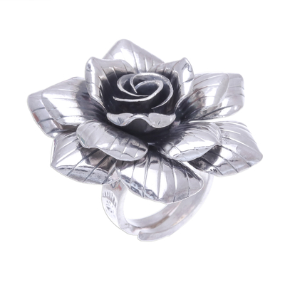 Sterling silver cocktail ring, 'Forever Rose' - Artisan Crafted Sterling Silver Flower Cocktail Ring