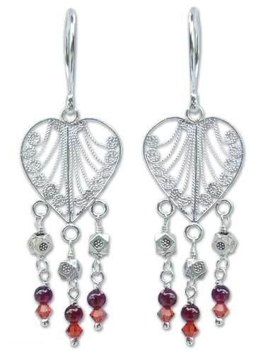 Garnet chandelier earrings, 'Thai Hearts' - Garnet and Silver Heart Earrings