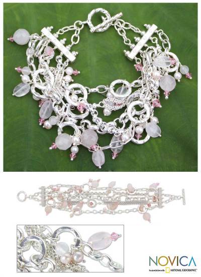Pearl and rose quartz wristband bracelet, 'Pink Contrasts' - Pearl and Rose Quartz Wristband Bracelet