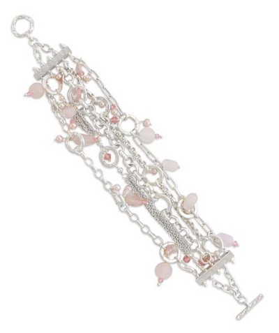 Pearl and rose quartz wristband bracelet, 'Pink Contrasts' - Pearl and Rose Quartz Wristband Bracelet