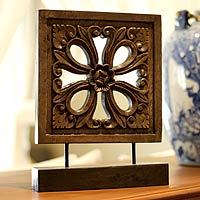 Wood sculpture, 'Floral Square' - Thai Wood Sculpture