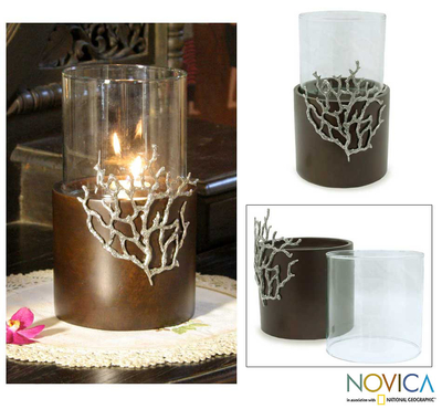 Wood and pewter candleholder, 'Coral Light' (large) - Handcrafted Thai Mango Wood Candle Holder (Large)