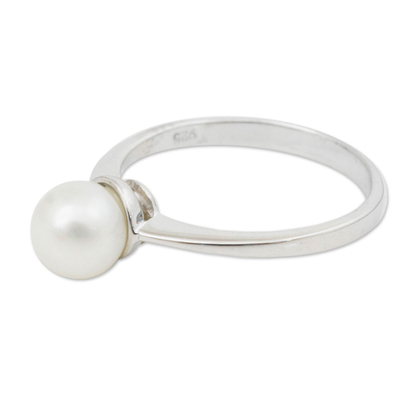Cultured pearl solitaire ring, 'Moondrop' - Modern Cultured Pearl and Silver Solitaire Ring