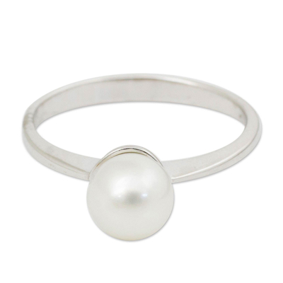 Cultured pearl solitaire ring, 'Moondrop' - Modern Cultured Pearl and Silver Solitaire Ring