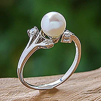 White gold plated cultured pearl solitaire ring, 'Budding Beauty' - White Gold Plated Cultured Pearl Ring