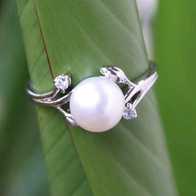 White gold plated cultured pearl solitaire ring, 'Budding Beauty' - White Gold Plated Cultured Pearl Ring