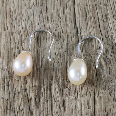 Pearl drop earrings, 'Rosy Bud' - Thai Bridal Sterling Silver Pearl Drop Earrings