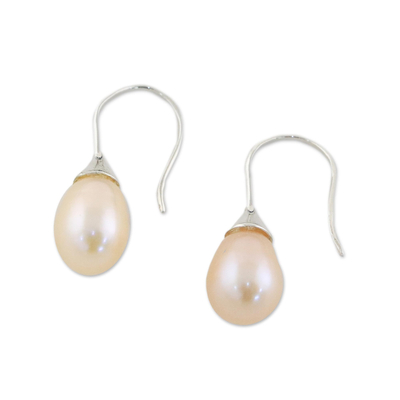 Pearl drop earrings, 'Rosy Bud' - Thai Bridal Sterling Silver Pearl Drop Earrings