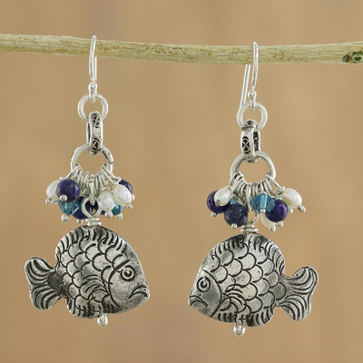 Pearl and lapis dangle earrings, 'Marine Fantasy' - Hand Crafted 950 Silver and Lapis Lazuli Earrings