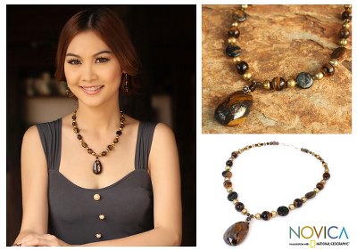 Pearl and tiger eye pendant necklace, 'Golden Paradise' - Beaded Smokey Quartz and Pearl Pendant Necklace