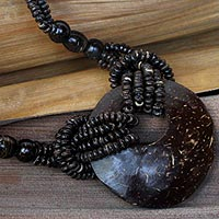 Coconut shell long necklace, 'Crescent Moon' - Coconut Shell Pendant Necklace