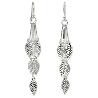 Sterling silver dangle earrings, 'Leaf Chimes' - Hand Crafted Sterling Silver Dangle Earrings
