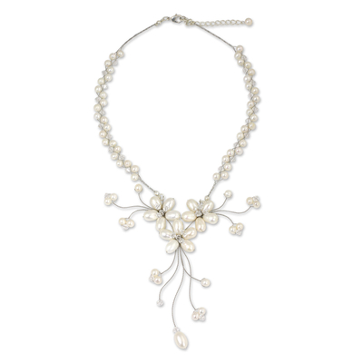 Pearl flower necklace, 'White Pearl Bouquet' - Bridal Pearl Necklace from Thailand