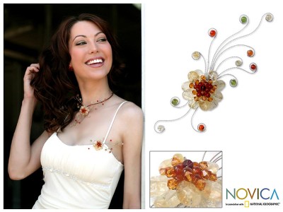 Citrine and carnelian brooch pin, 'Dream Flower' - Floral Citrine and Carnelian Brooch Pin