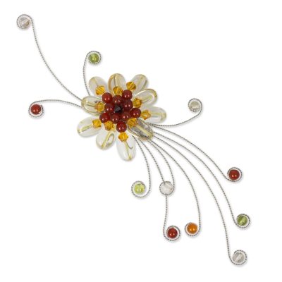 Citrine and carnelian brooch pin, 'Dream Flower' - Floral Citrine and Carnelian Brooch Pin