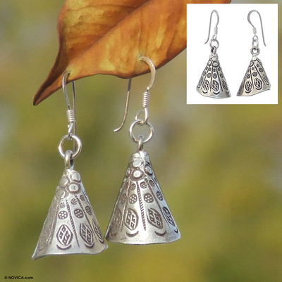 Silver dangle earrings, 'Hill Tribe Bell' - Handmade Hill Tribe 950 Silver Dangle Earrings