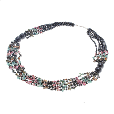 Onyx and tourmaline necklace, 'Night Colors' - Onyx and Tourmaline Beaded Necklace