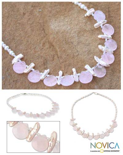 Rose quartz and pearl choker, 'Pink Cloud' - Rose quartz and pearl choker