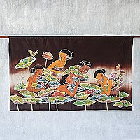 Colgante de pared de batik de algodón, 'Lotus Pool' - Colgante de pared de batik de algodón tailandés colorido